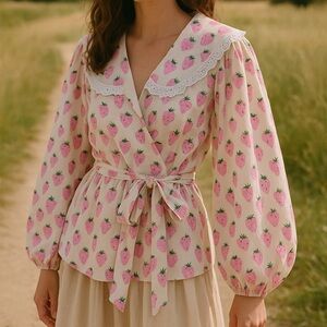 NWT Sabrina Sommer Pink and cream strawberry wrap blouse